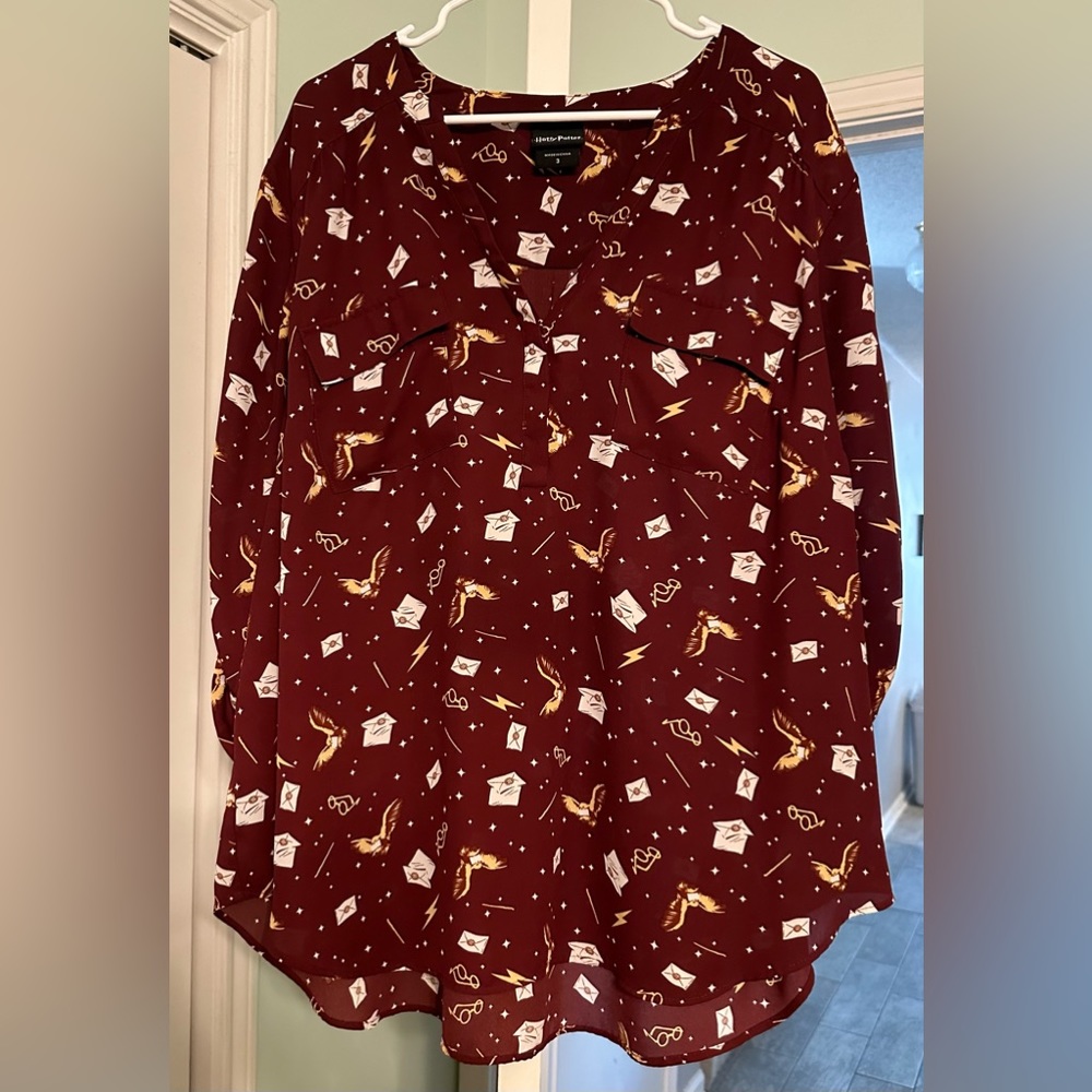 Torrid Burgundy Blouse with Gold and White Accents